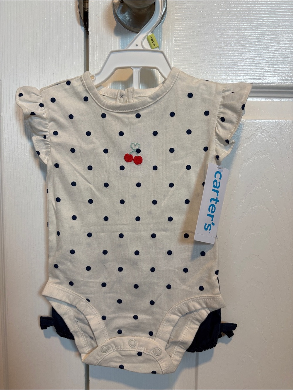 Carter's White & Navy Polka Dot Baby Onesie with Cherry Embroidery